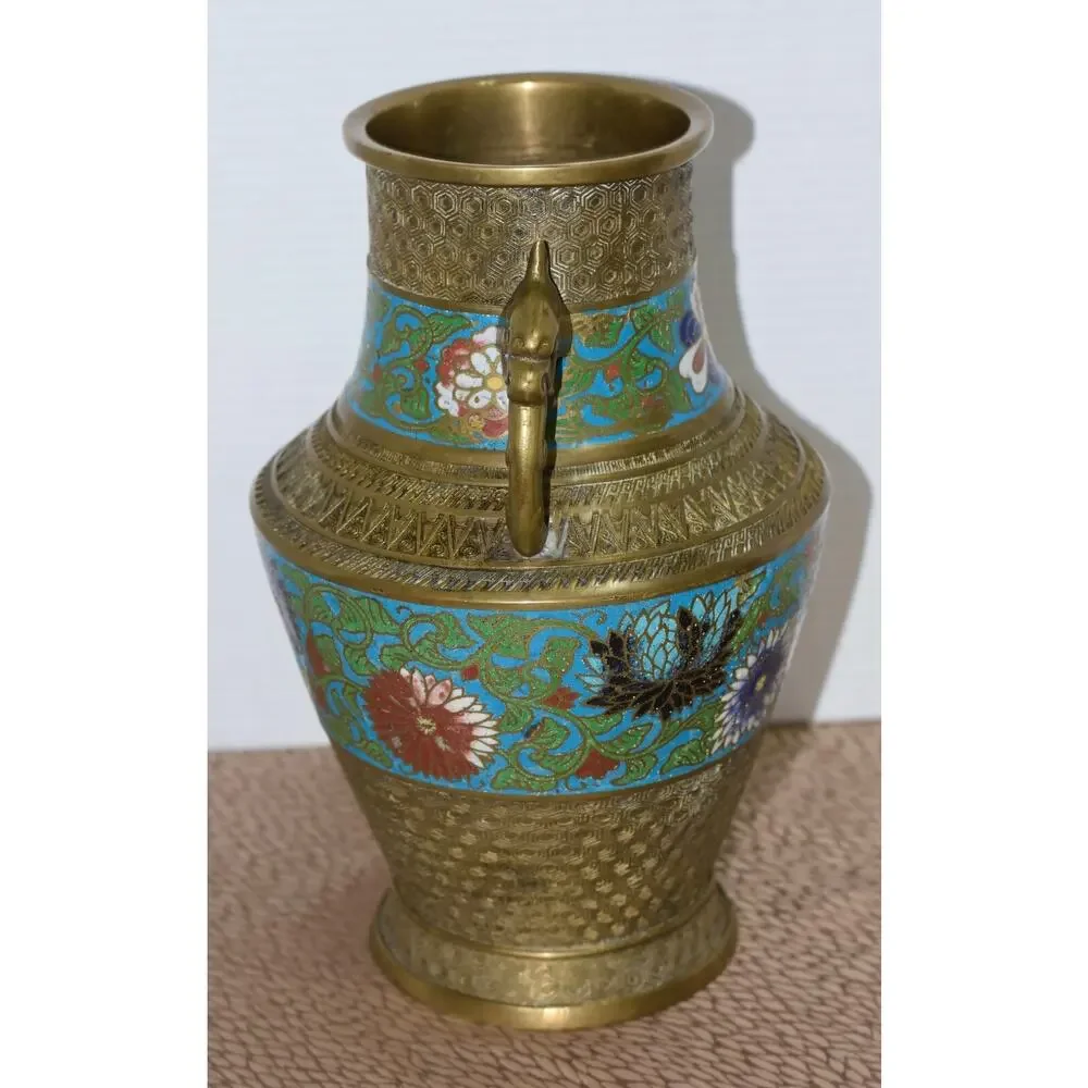Japanese Brass Champlevé Cloisonné Urn-Form with Handles Converted Lamp Vase